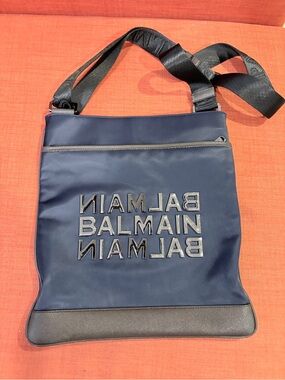 Balmain Navy and Black Logo Messenger Bag